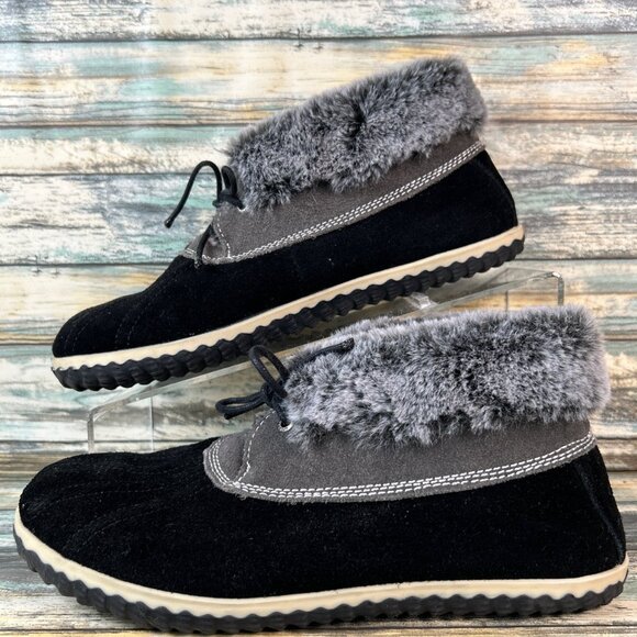 Sperry Womens Duck Mid Top Slipper Size 7 Black Suede Faux Fur Lined Warm Ladies - Picture 2 of 12